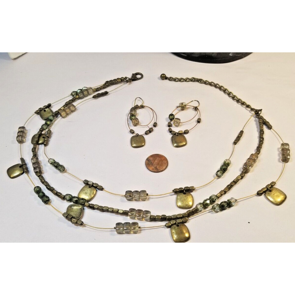 Vintage Metal Copper? Bronze? Multi Strand Necklace And Pierced Earrings Set